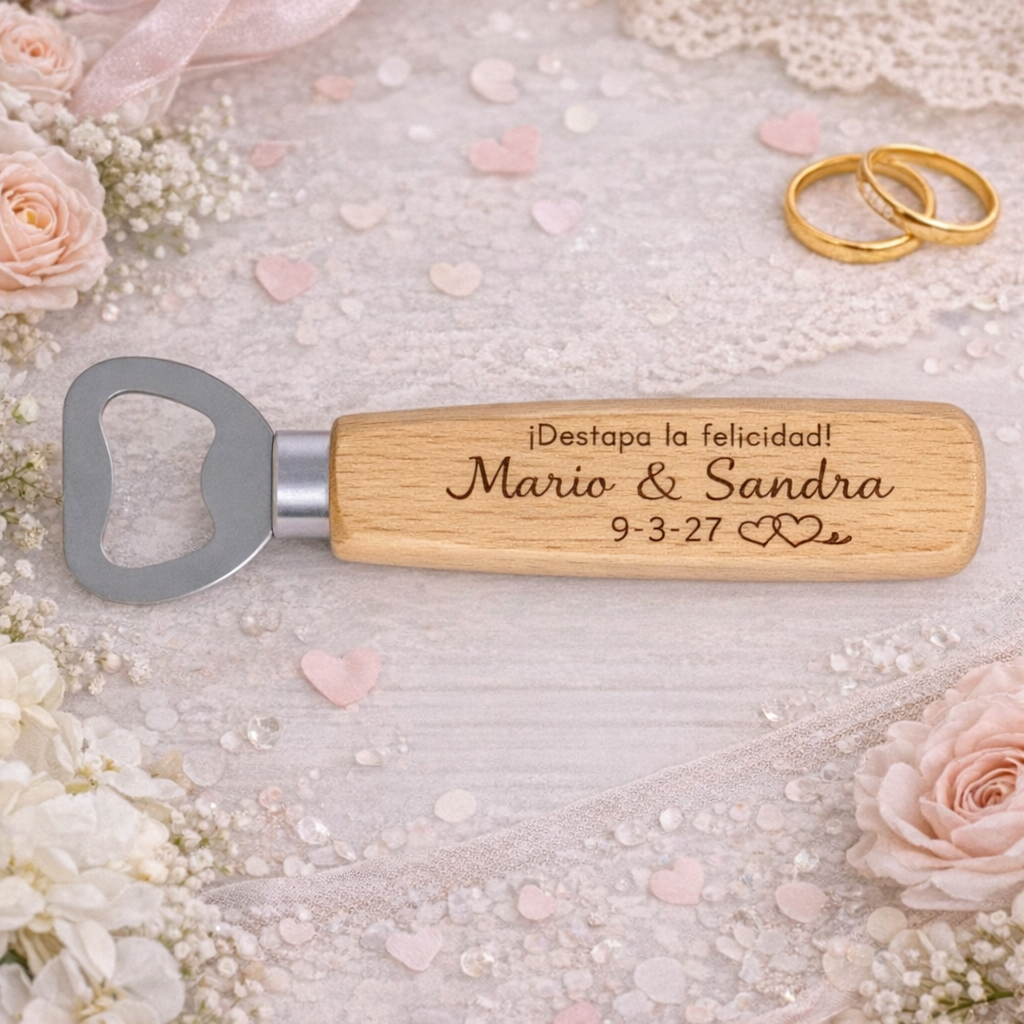 Abridor de madera personalizado para boda | Detalle para invitados