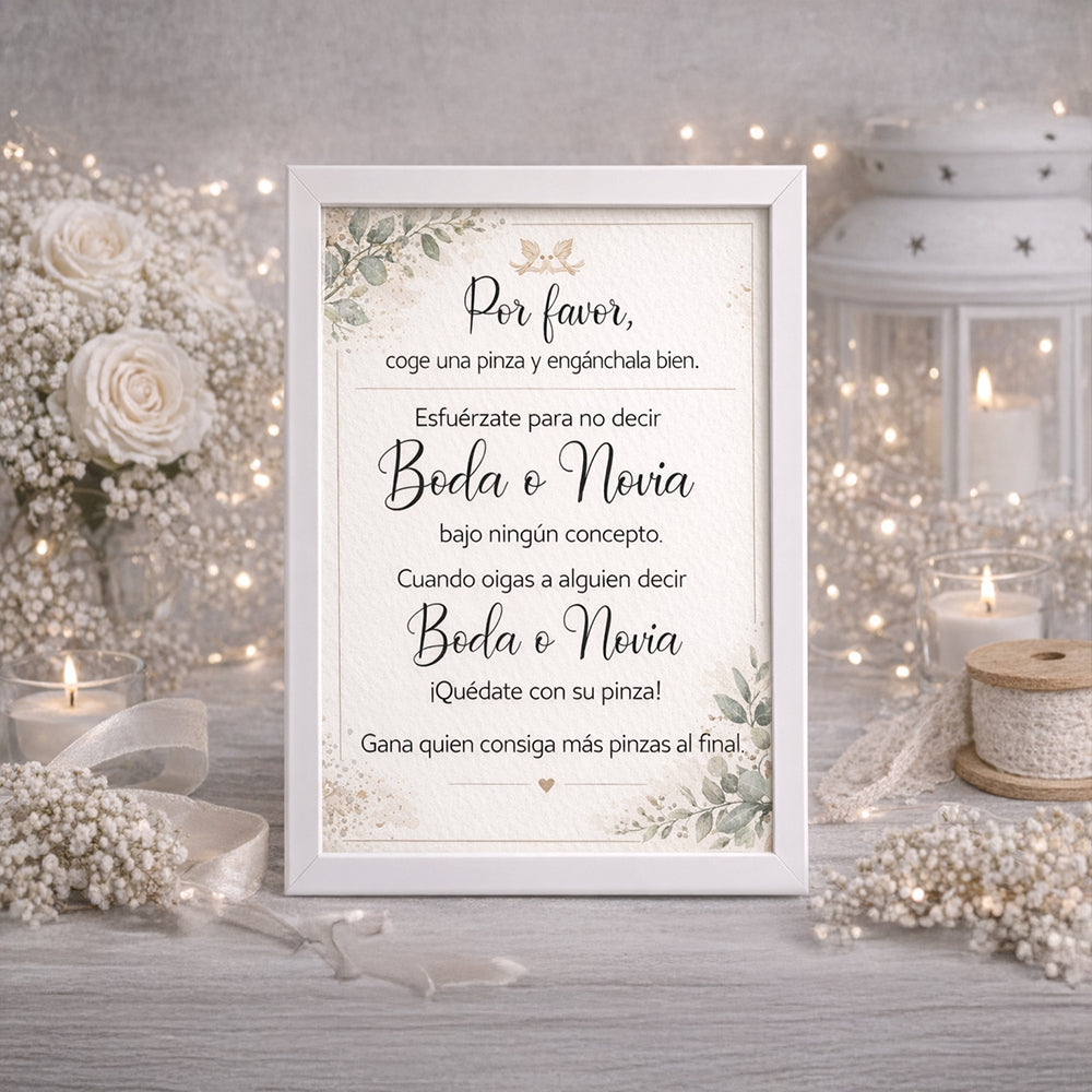 Juego de Pinzas “No digas Boda o Novia” | Cartel para Invitados de Boda
