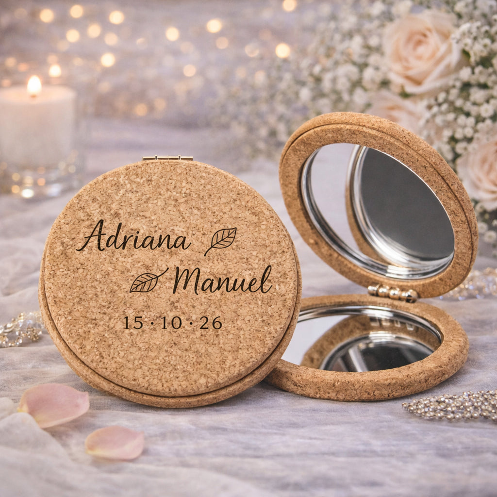 Espejo de bolsillo para boda corcho