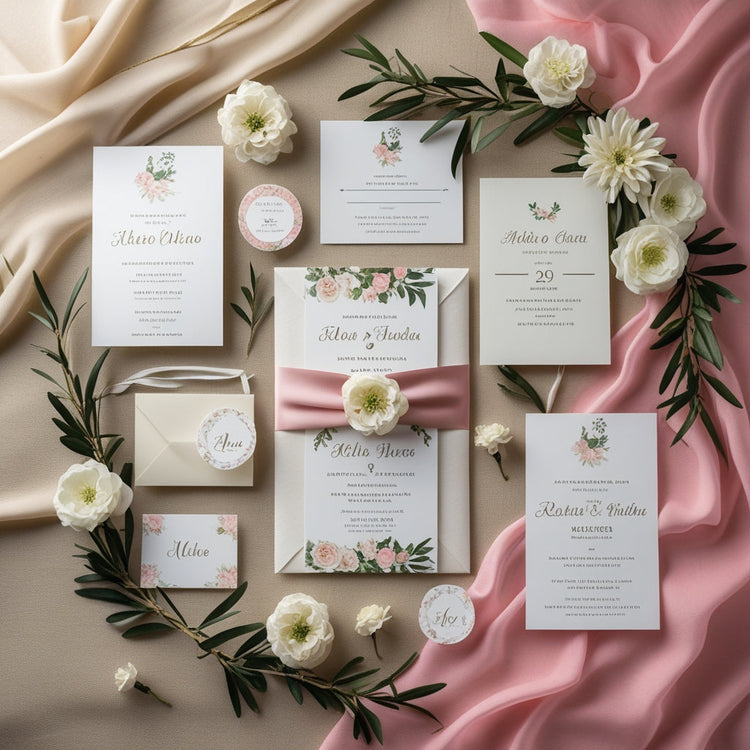 Papelería de boda personalizada con invitaciones, sobres y diseño floral