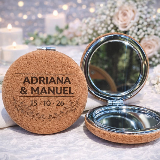 Espejo de bolsillo para boda corcho