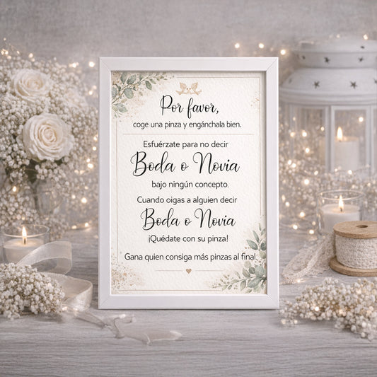 Juego de Pinzas “No digas Boda o Novia” | Cartel para Invitados de Boda