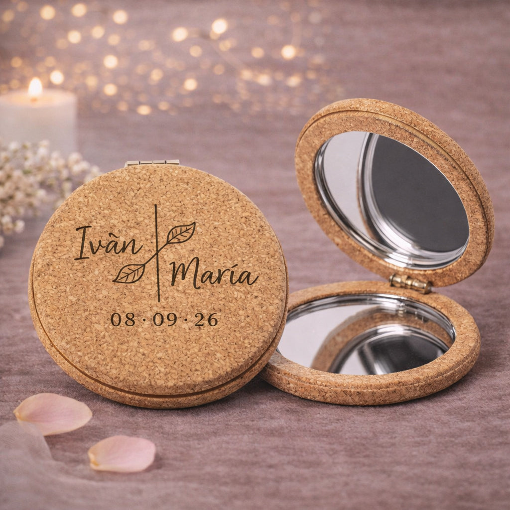 Espejo de bolsillo para boda corcho