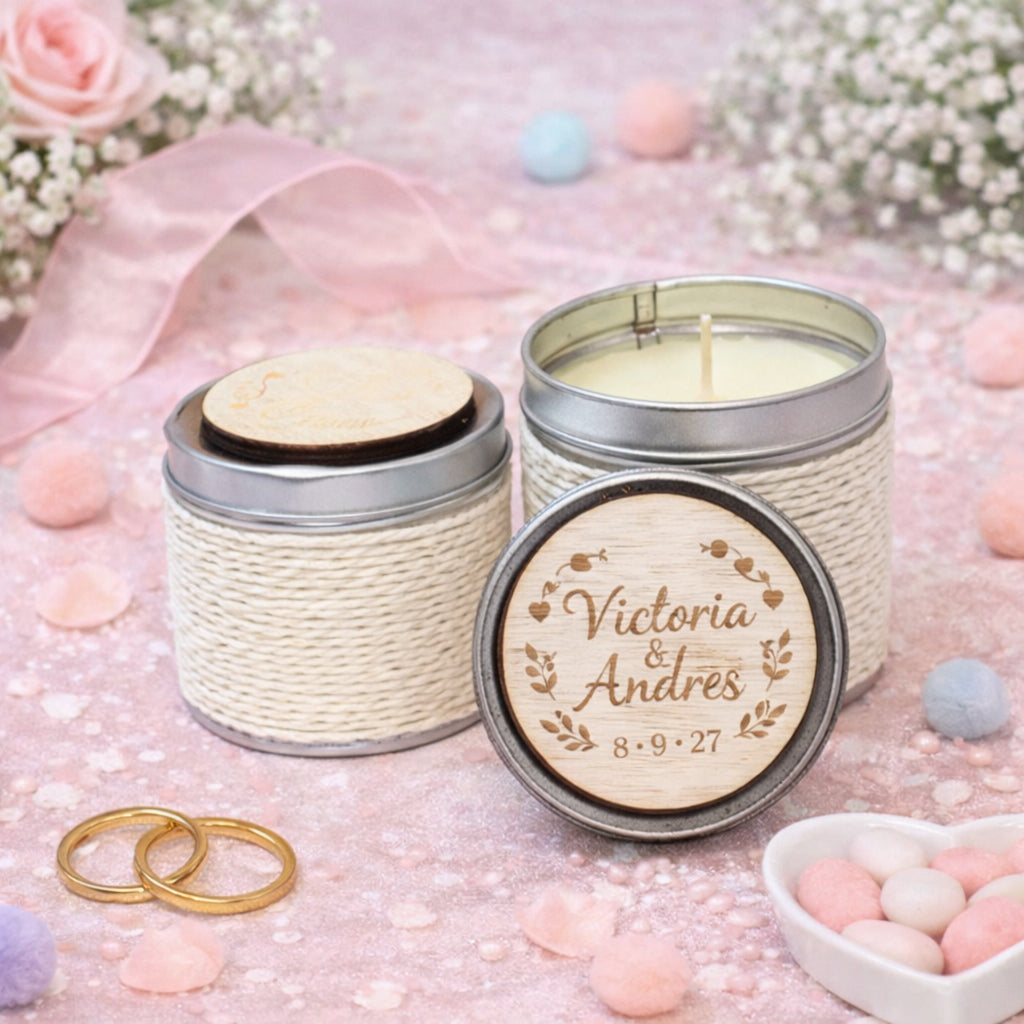 Vela personalizada en lata para invitados de boda